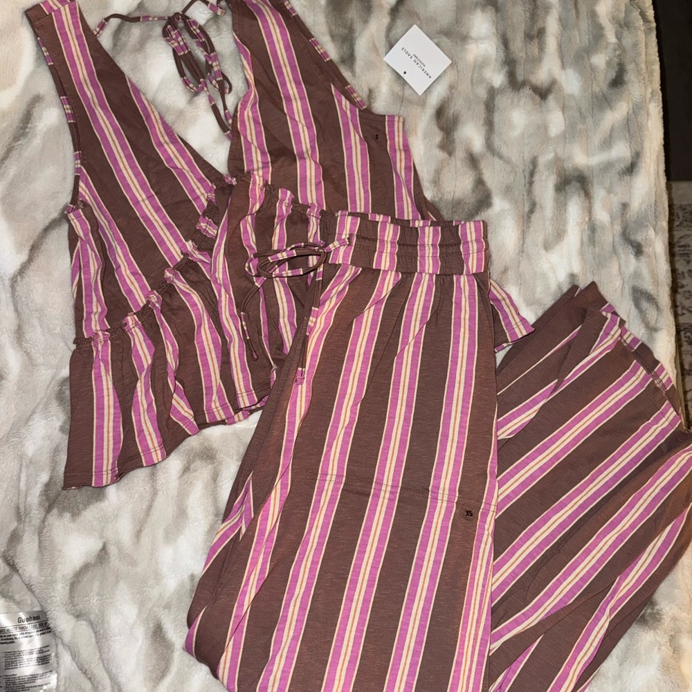 Aerie Brown and Pink Striped Jumpsuit